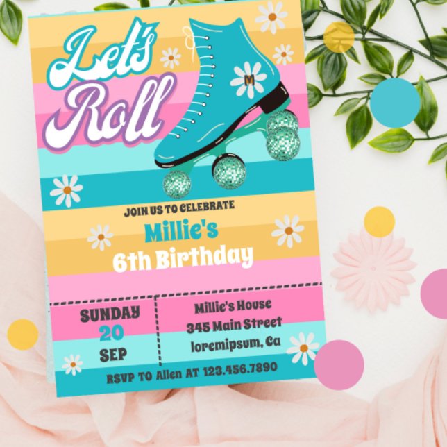 Roller skate Retro Rainbow Birthday Party Invitation (Creator Uploaded)