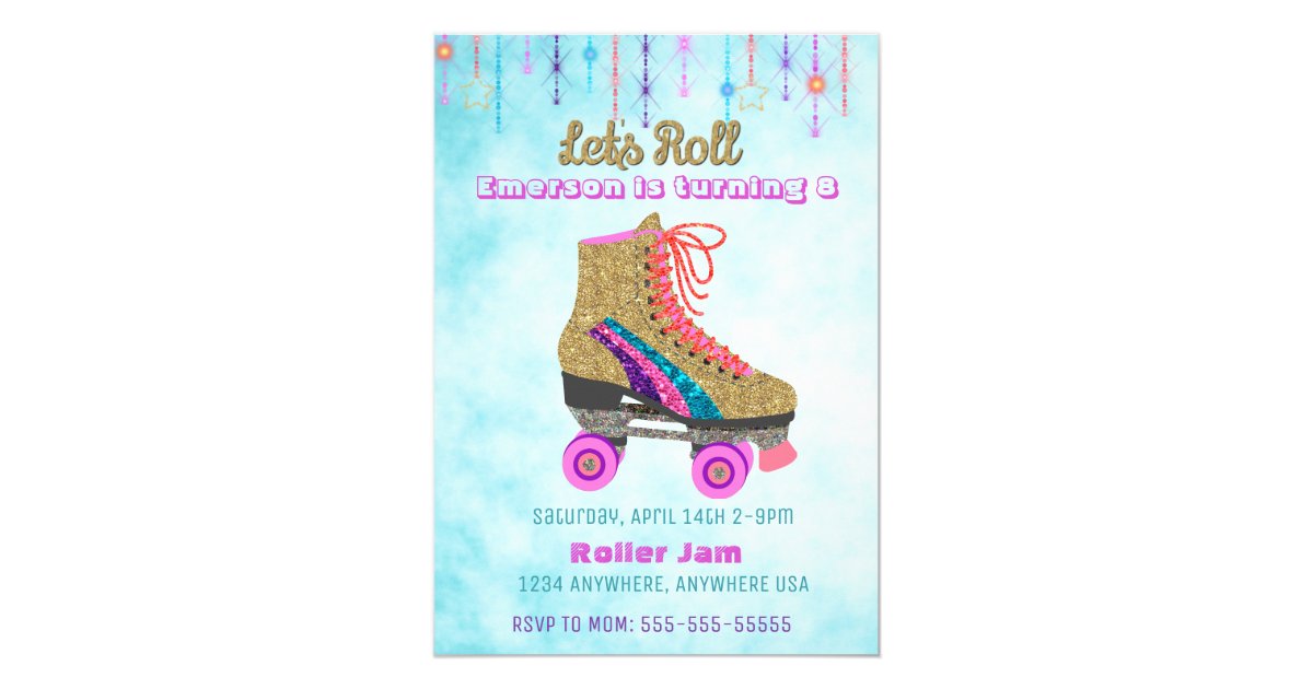 Roller Skate Skating Party Roller Disco Glitter Invitation Zazzle Co Uk