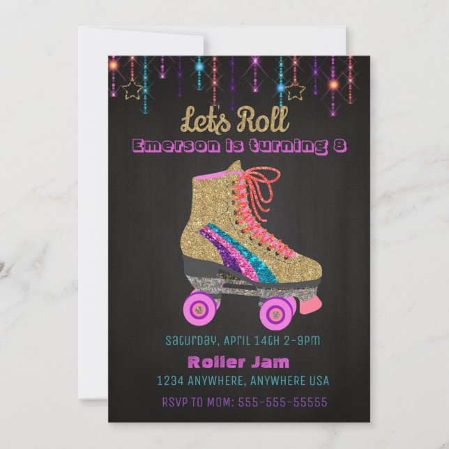 Roller skate, skating Party,  Roller Disco glitter Invitation (Front)