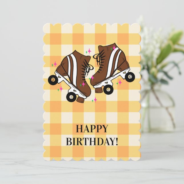 Roller Skate Skating Peach Gingham Birthday Holiday Card (Standing Front)