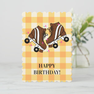 Roller Skate Skating Peach Gingham Birthday Holiday Card