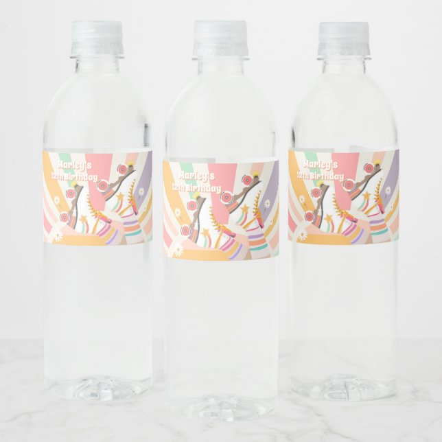 Roller Skate Skating Retro Groovy Birthday Party Water Bottle Label (Bottles)