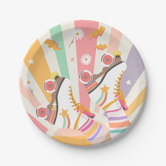 Roller Skate Skating Retro Groovy Girl Birthday Paper Plate (Front)