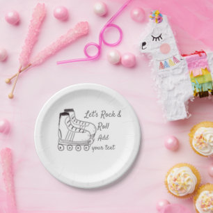 roller skater add text lets rock roll kids black s paper plate