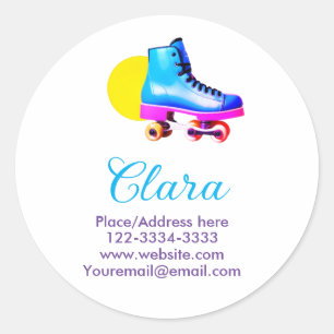Roller skater add your name text place city phone classic round sticker