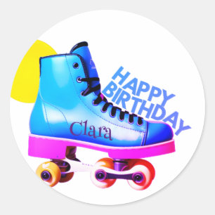 Roller skater sun add your name tex happy birthday classic round sticker