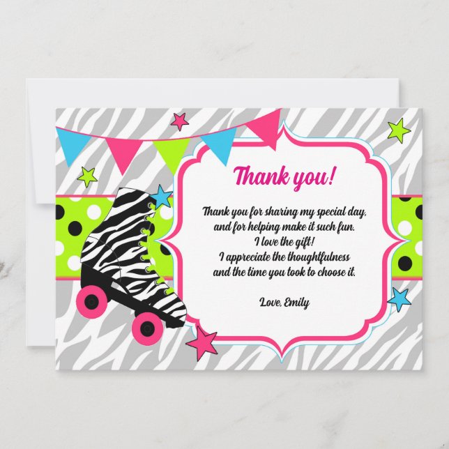 Roller Skates Birthday Thank You Card Neon (Front)