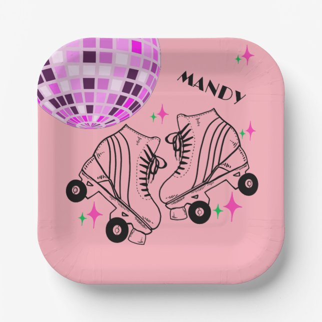 Roller Skates Derby Skating Pink Disco Birthday  Paper Plate (Front)