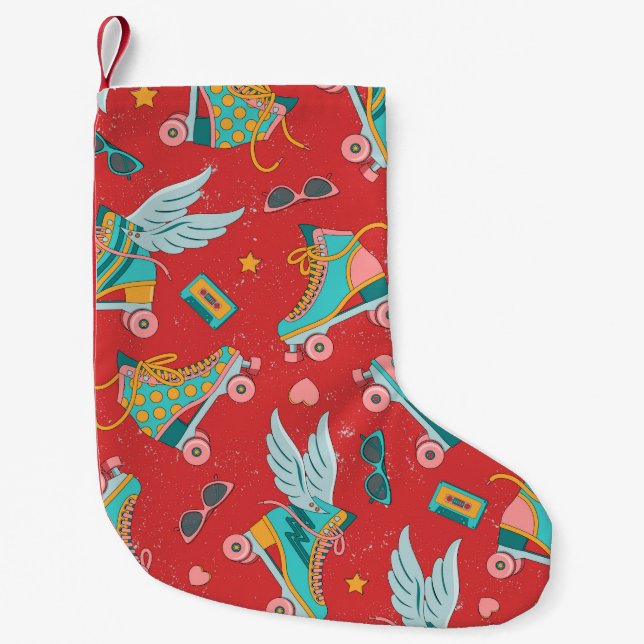Roller skates in bright colours with and without w small christmas stocking (Front)