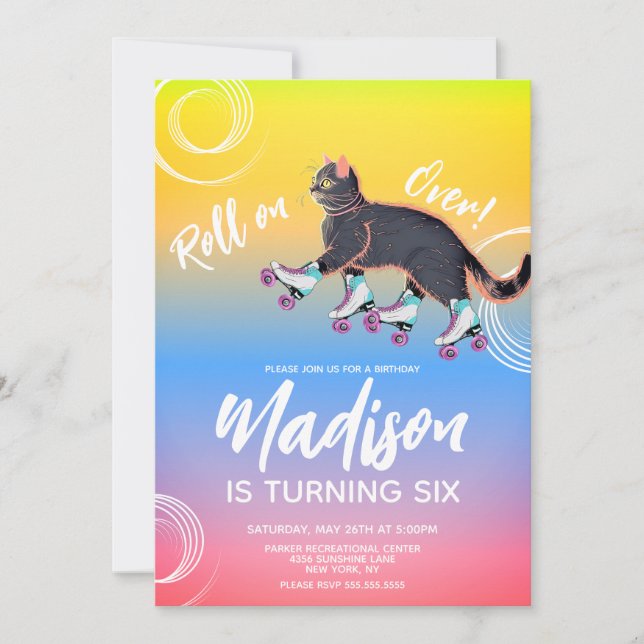 Roller Skates Kitten Black Rainbow Birthday Party Invitation (Front)