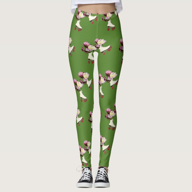 Roller Skates Peony Flowers Custom Leggings (Front)