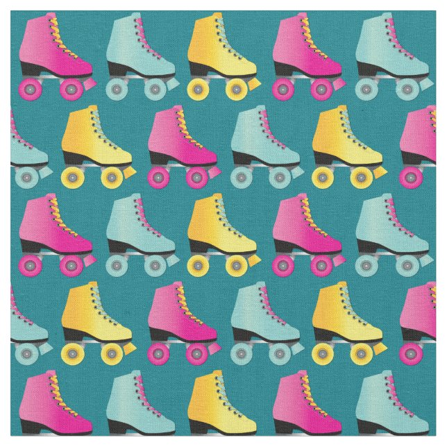 Roller Skates Skating Rink Retro Teal Fabric (Close Up)