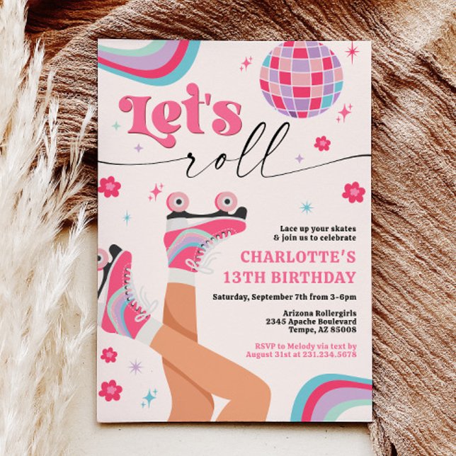 Roller Skating Birthday Invitation Groovy Rainbow  (Roller Skating Retro Groovy Birthday Invitation with Disco Ball and Daisies)