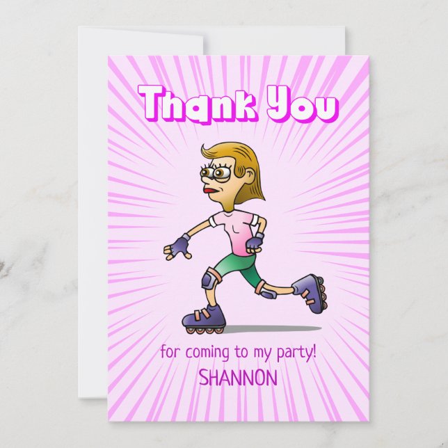 Roller Skating Birthday Party Pink Thank You Card (Front)