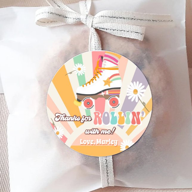 Roller Skating Birthday Retro Skate Rollin Thanks Classic Round Sticker (Creator Uploaded)