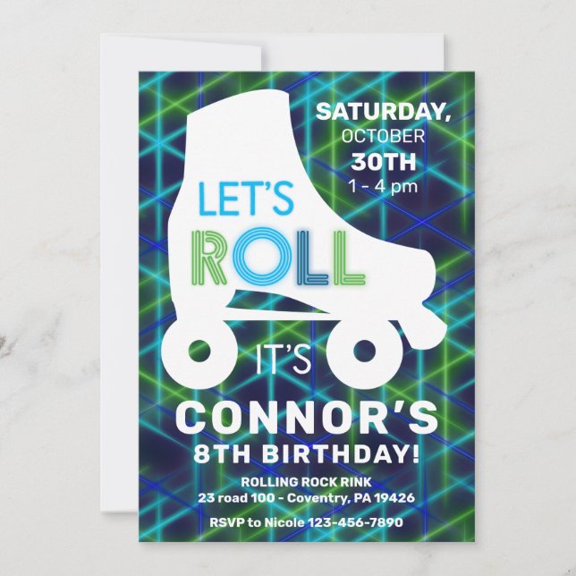 Roller Skating Boys Glow Neon Birthday Party Invitation (Front)