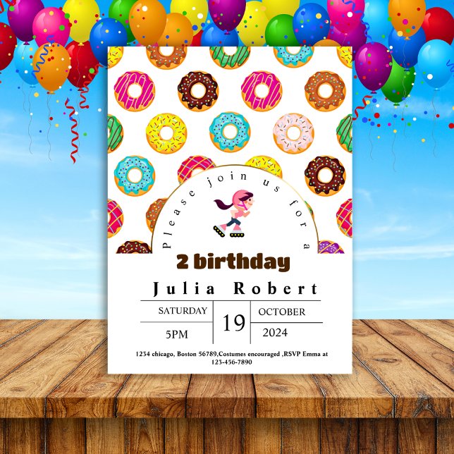 Roller Skating dessert doughnuts Birthday pink yel Invitation (Creator Uploaded)