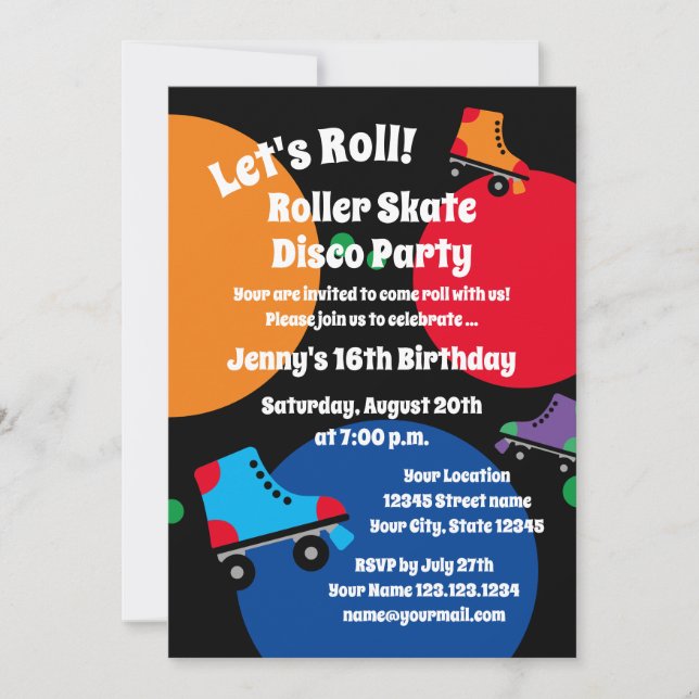 Roller skating disco Birthday party invitations (Front)