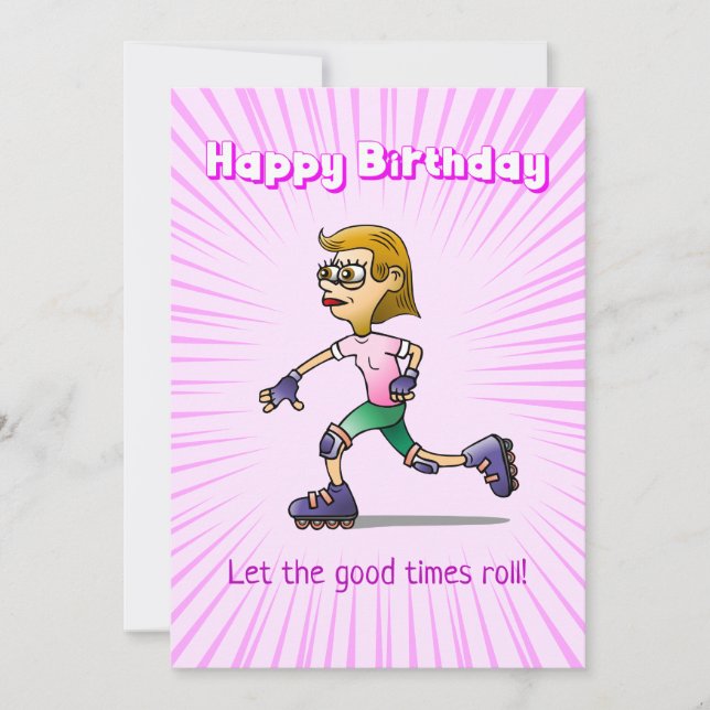 Roller Skating Girl Pink Birthday Card (Front)