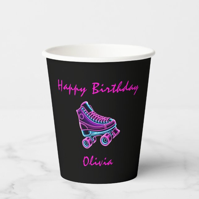 Roller Skating Girls Neon Glow Party Birthday Paper Cups (Front)