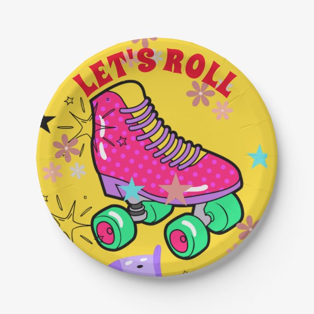 Roller Skating Girls Rainbow Neon Birthday Party Paper Plate (Front)