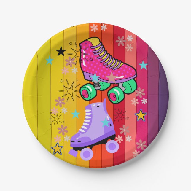 Roller Skating Girls Rainbow Neon Birthday Party Paper Plate (Front)