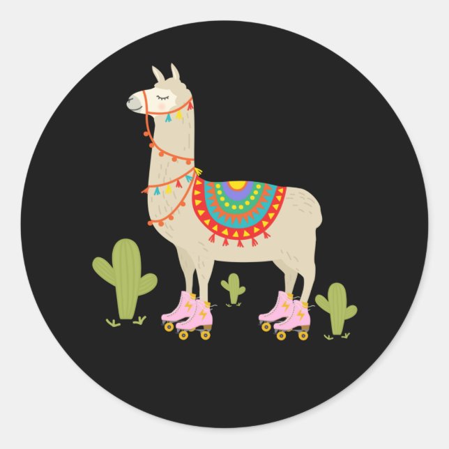 Roller Skating Llama Retro Roller Skater Animal Classic Round Sticker (Front)