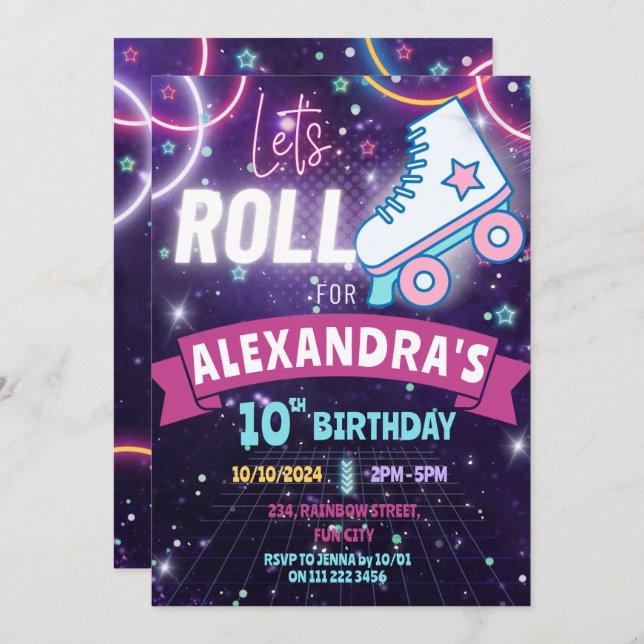Roller Skating Neon Birthday Girl Glow  Invitation (Front/Back)