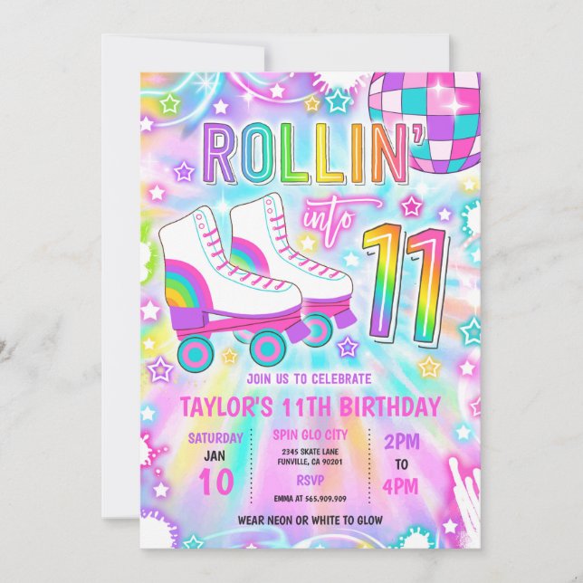 Roller Skating Neon Glow 11th Birthday Party Invitation (Front)