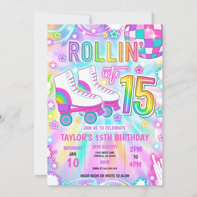 Roller Skating Neon Glow 15th Birthday Party Invitation (Front)