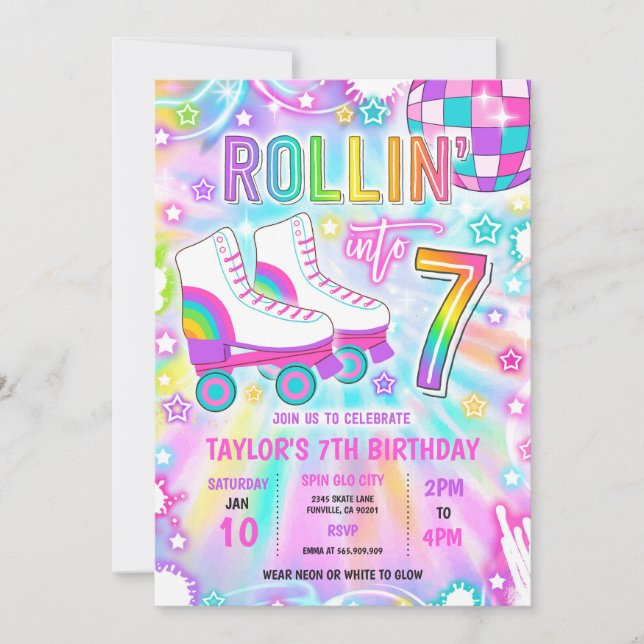 Roller Skating Neon Glow 7th Birthday Party Invitation (Front)