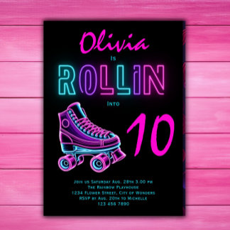 Roller Skating Party Girls Neon Glow Birthday Invitation