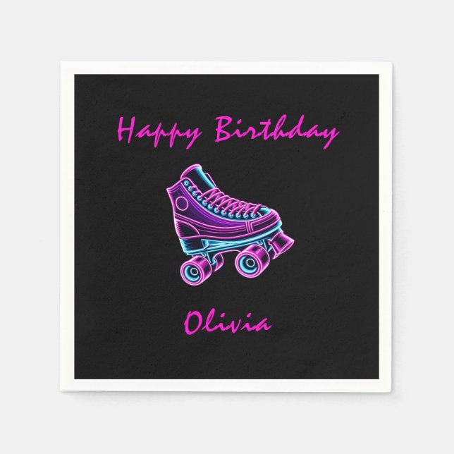Roller Skating Party Girls Neon Glow Birthday Napkin (Front)