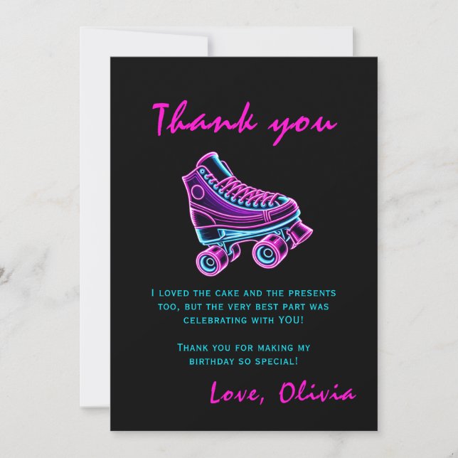 Roller Skating Party Girls Neon Glow Birthday Thank You Card (Front)
