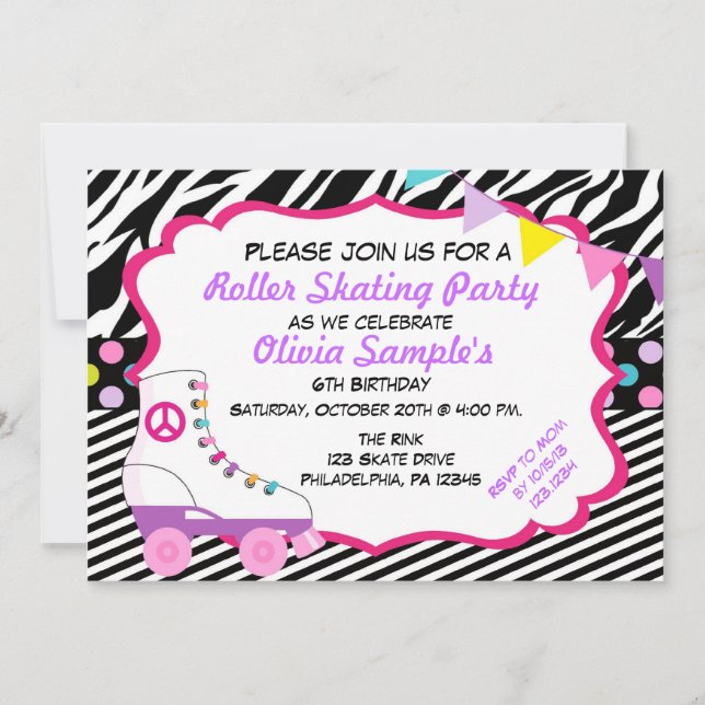 Roller Skating Party Zebra Birthday Invitation (Front)