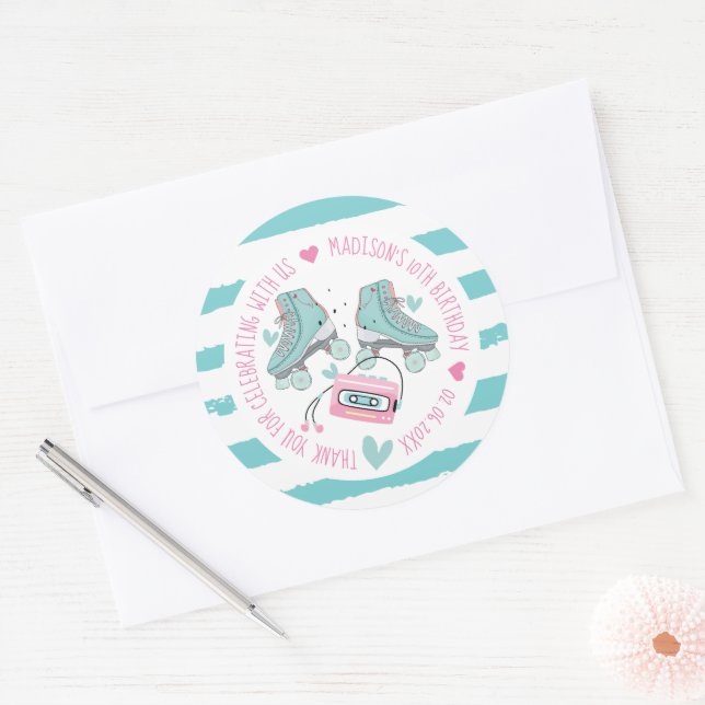 Roller Skating Pastel Birthday Thank you Classic Round Sticker (Envelope)
