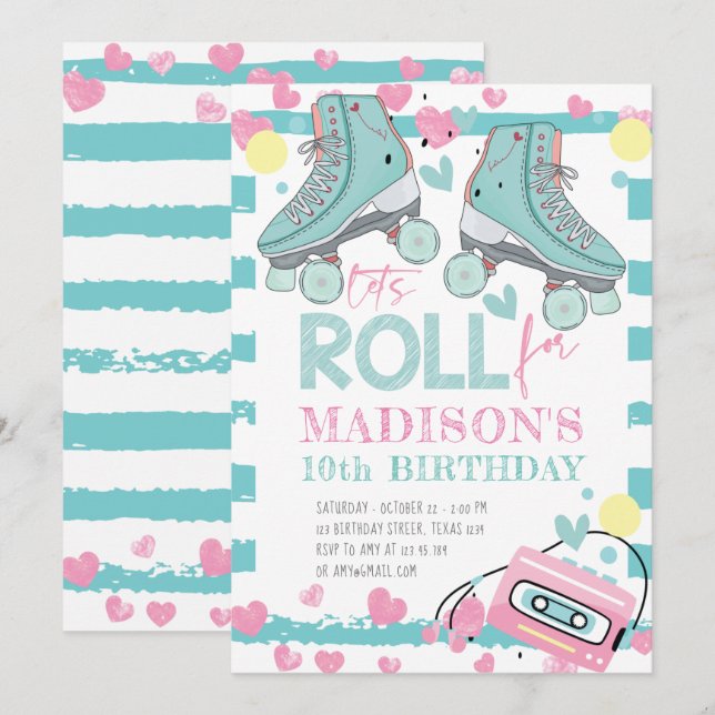 Roller Skating Pastel Blue Pink Girl Birthday Invitation (Front/Back)