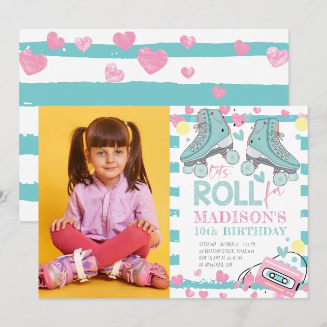 Roller Skating Pastel Photo Girl Birthday Invitation (Front/Back)