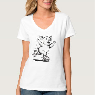 Roller Skating Pig Black And White T-Shirt