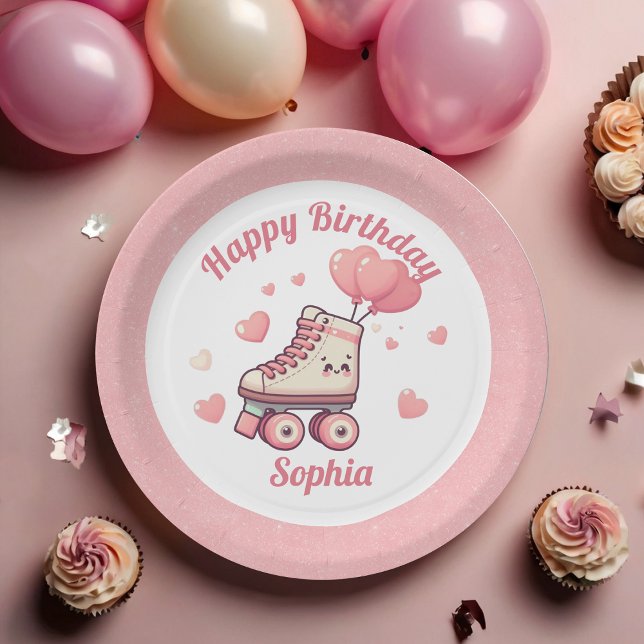 Roller Skating Pink Glitter Girl's Birthday Party Paper Plate (Creator Uploaded)