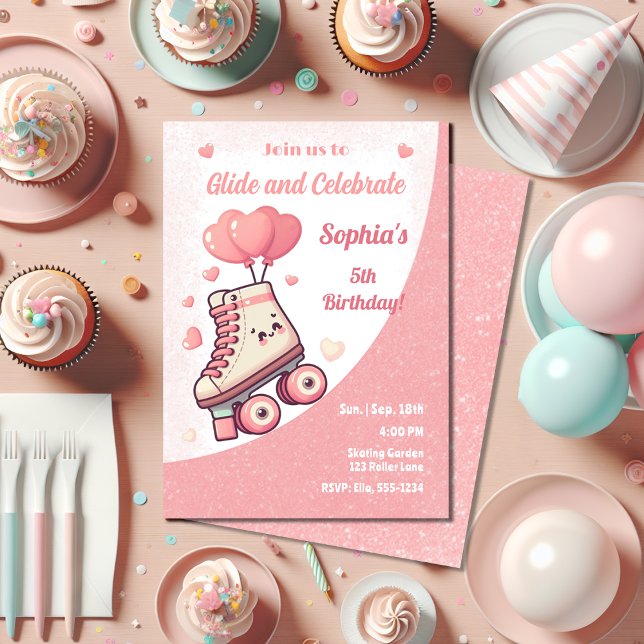 Roller Skating Pink Heart Girl's Birthday Party Invitation (Creator Uploaded)