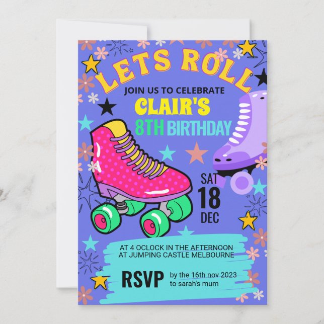 Roller Skating Rainbow Neon Girls Birthday Party Invitation (Front)