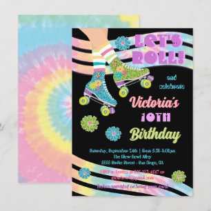 Roller Skating Retro Glitter Hippie Birthday Invitation