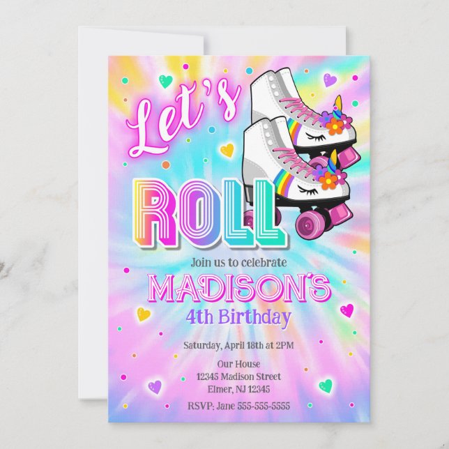 Roller Skating Unicorn Birthday Party Tie Dye Neon Invitation (Front)