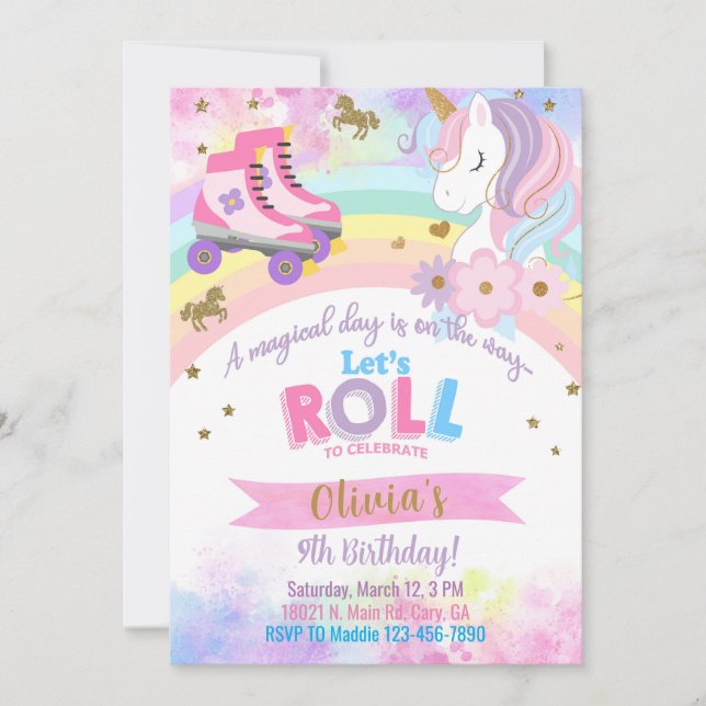 Roller Skating Unicorn girl birthday invitation. Invitation (Front)