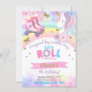 Roller Skating Unicorn girl birthday invitation. Invitation