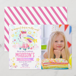 Roller Skating Unicorn Girl Magical Birthday Photo Invitation