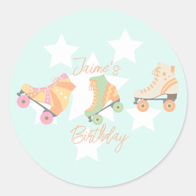 Rollerskating Birthday Pastel Stars Classic Round Sticker (Front)