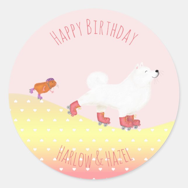 Rollerskating dog & guinea pig round stickers (Front)