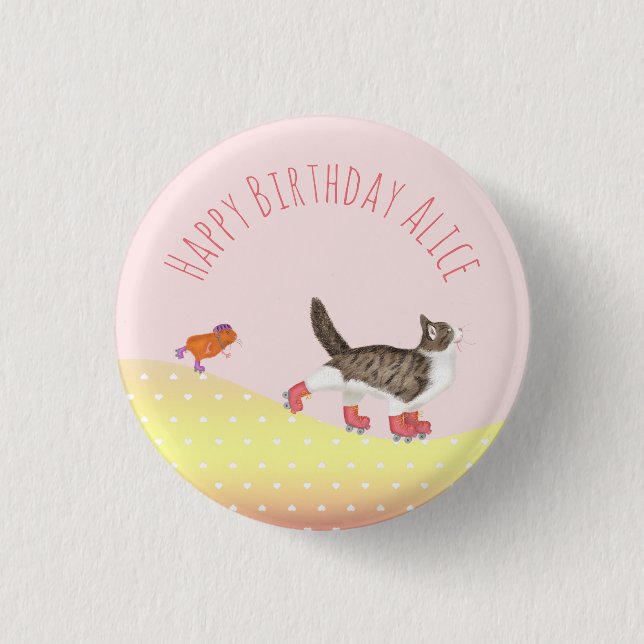 Rollerskating pets party favor badge (Front)